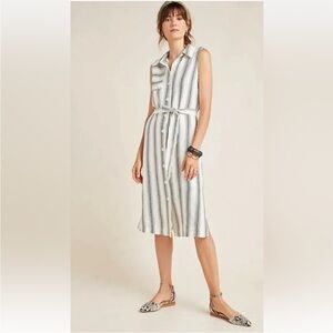 Anthropologie Sleeveless Button-Front Midi Dress in White and Navy Stripe
